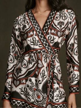 Anthropologie Black, White & Rust Patterned Wrap Mini Dress